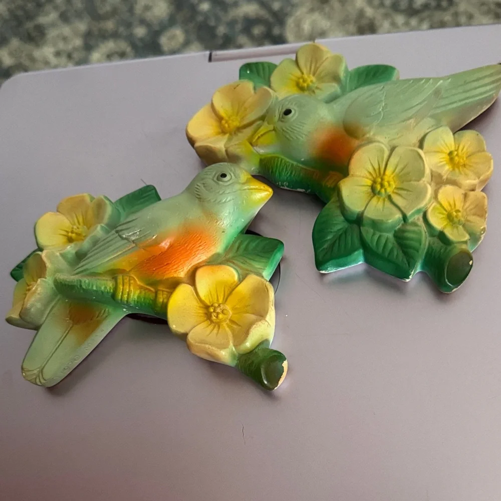 Vintage Green & Yellow , Chalkware Decorative Bird Figurine with Floral Accents